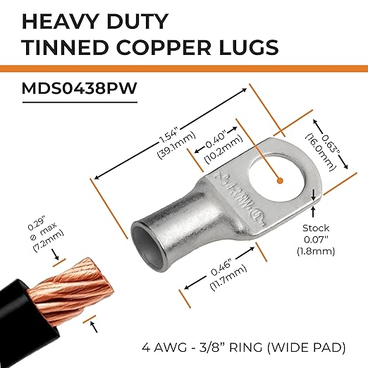 SELTERM 10pcs 4 AWG-3/8" Stud (Wide Pad) Tinned Copper Wire Lugs, Heavy Duty Battery Cable Ends,4 Guage Ring Terminals, UL Battery Lugs Marine Grade Copper Eyelets Battery Terminal Connectors