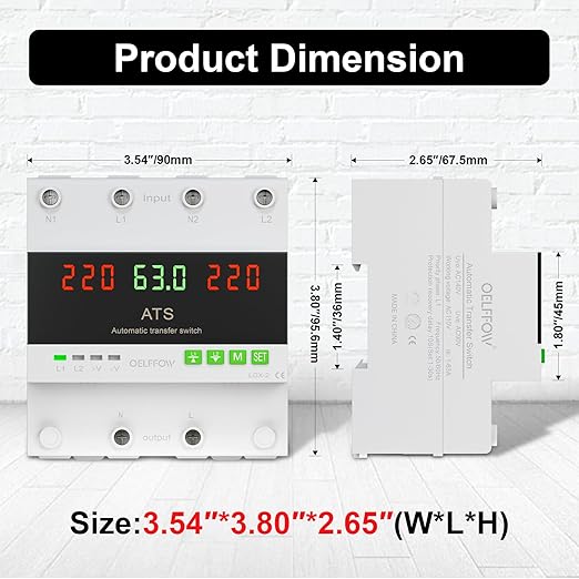 110 VAC Dual Power Automatic Transfer Switch, 2-Pole 63 Amp DIN Rail ATS, Adjustable Emergency Power Switch with 3.54” Guide Rail