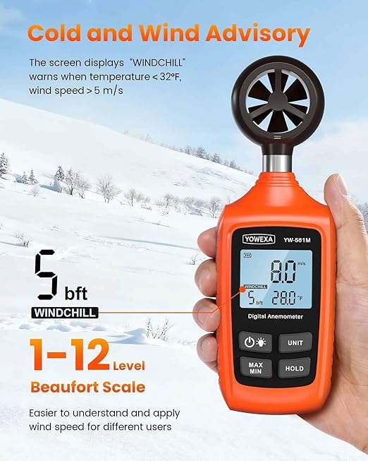 Digital Anemometer, YOWEXA Portable Wind Speed Meter with Backlight Screen, Air Flow Tester Supports Wind Chill Alert, Wind Checkers for Hunting HVAC Drone Sailing Golf Shooting