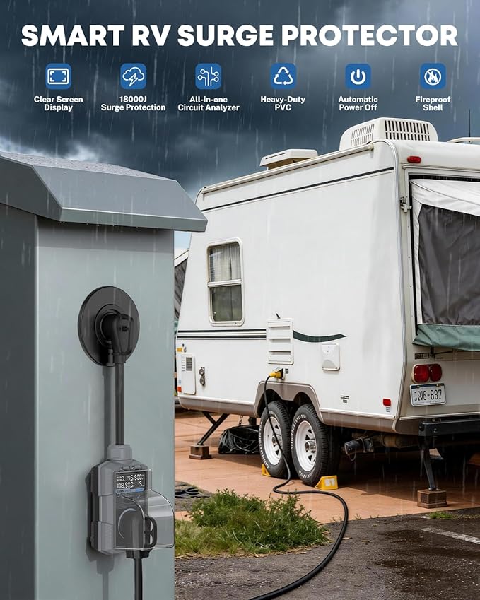 Kohree RV Surge Protector 30 Amp, 18000 Joules RV Power Surge Voltage Protection, RV Adapter Plug with Auto Shut Off LED Large Screen Real-Time Circuit Analyzer for Travel Trailers Camper-30A Gray