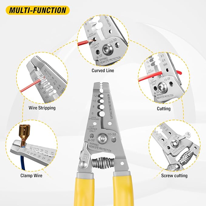 KATA 7 Inch Wire Stripper, Wire Cutter, Stripping/Cutting Tool for 6-12 AWG Stranded Wire and Shearing 8-32 Screws, Multi-function Electrician Stripper/Crimper Plier for Cable Stripping Cutting