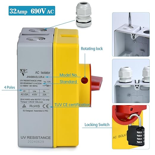 32 Amp AC Disconnect Switch Box Outdoor, 110V 220V 690V AC Isolator Switch, 4 Pole, IP66 Waterproof Isolation PV 3 Phase Disconnect Switch On Off 2 Position
