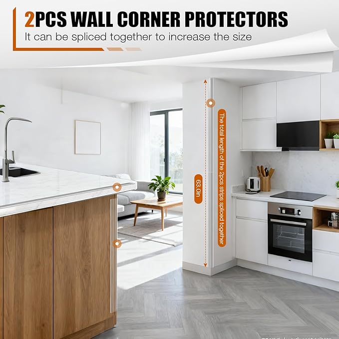 2 Pack Wall Corner Protector 31.5'', Self Adhesive Corner Protectors for Walls, Easy to Install Edge Guard Strip for Furniture Cabinet Shelf Drywall Baseboard Desk, 31.5in x 1.18in, Clear