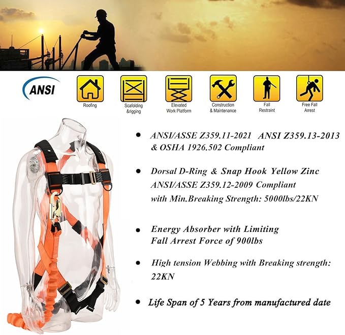 1D-Ring Industrial Fall Protection Safety Harness with 6-Foot Shock Absorber Stretchable Lanyard | Permanent attached Kit | ANSI Compliant Personal Fall Arrest System(PFAS)