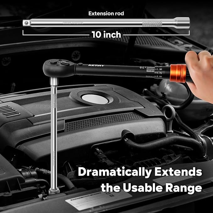 Kerry 10PCS 3/8'' 5-45 Ft.lb Drive Click Torque Wrench Set with Magnetic Spark Plug Socket and 10'' Extra-Long Extension Bar, Universal Joint, 3% Accuracy 72 Tooth Dual-Scales Precision Tool for Car