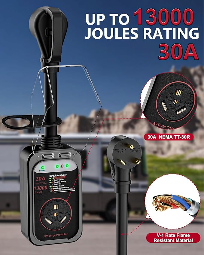 RV Surge Protector 30 Amp, 13000 Joules RV Circuit Analyzer with Waterproof Cover,RV Adapter Plug for Camper Travel Trailers (30AMP-Black)