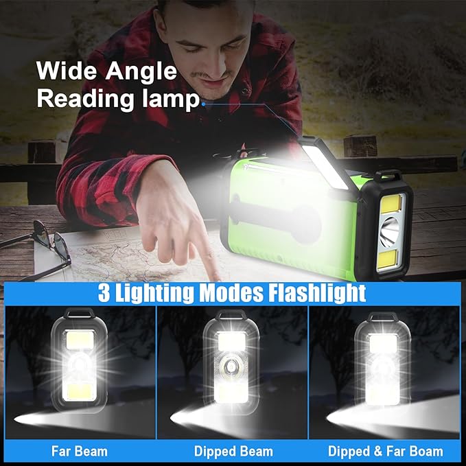 AM FM NOAA Portable Emergency Radio，USB-C/Solar/Hand Crank Charging, Strong Reception & Sound, Large Dial Easy to Use,Alert, Flashlight, Reading Lamp, Cell Phone Charger and SOS Siren