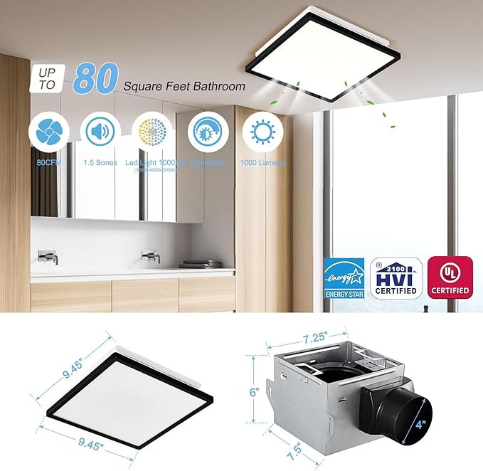 Tech Drive Bathroom Exhaust Fan with Light,80 CFM,1000lm Dimmable 5CCT LED Light with Night Light Selectable, Quiet Ventilation Fan,Energy Star Bath Fan, Decorative Black Trim, Easy to Install