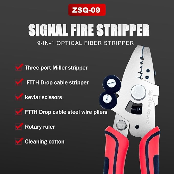 Signal fire Fiber Optic Stripper, 9 in 1 Fiber Optic Stripper Tool, Wire Cutters Pliers Electrician Tools for Wire Stripping Cutting & Cleaning, Fiber Cable Stripping Tool for Technicians