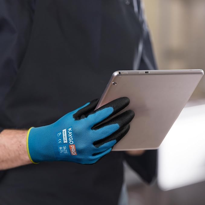 Work Gloves PU Coated for Men and Women, 12 Pairs Safety Work Gloves with Two Fingers Touchscreen, Breathable and Lightweight,Ideal for Light Warehouse, Manufacturing, Gardening, KG11P (L, Blue)