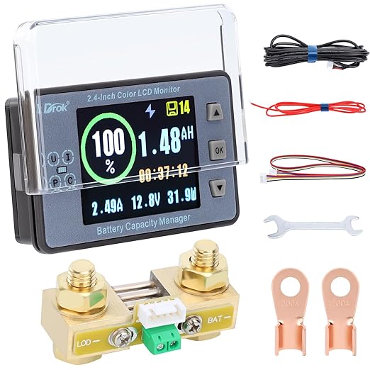 DROK Charge Discharge Monitor, DC 8-100V 200A Battery Monitor 12V 24V 36V 48V 60V Coulometer Watt Meter, 2.4 inch LCD Color Screen Capacity Percentage Time Power Voltmeter Ampmeter for RV Solar Panel