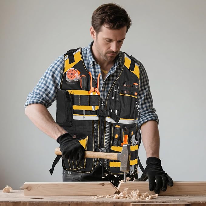 Electrician Tool Vest for Men, Reflective Safety Work Vest with Adjustable Thick Straps, Removable Phone Holder for Electrical, Carpenters, Construction, 22 Pockets