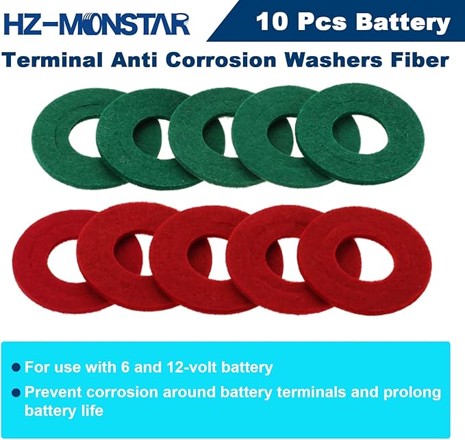 2 Pcs Battery Terminal Cleaning Brush and 10pcs Battery Terminal Anti-Corrosion Washers Protector Fiber 5 Green & 5 Red for Car Marine Boat Battery