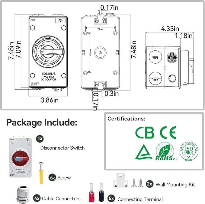 32Amp Waterproof IP66 Solar Disconnect Switch 4-Pole Red DC1500V Isolator Solar Switch with Enclosure for Rooftop Solar Systems, RVs and Boat