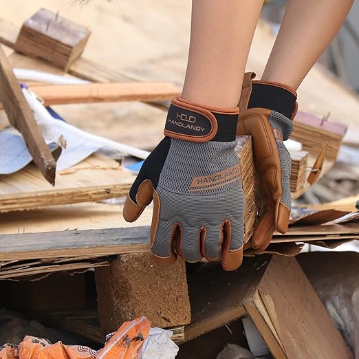 HANDLANDY Leather Work Gloves Mens & Women, Utility Safety Mechanic Working Gloves Touch Screen, Flexible Breathable Yard Work Gloves (Large, Brown-Cowhide Palm, Pack of 3)