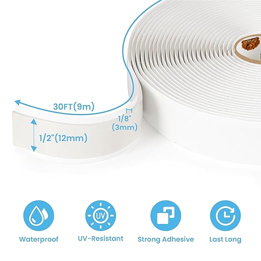 TAPEBEAR White Butyl Caulking Tape 1/2" x 30' x 1/8" RV Tape Sealant Waterproof, 3 Rolls