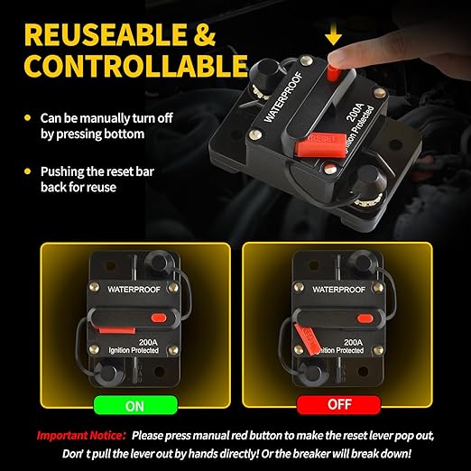 200Amp Circuit Breaker DC 12V-48V for Marine Boat Trolling Motor Automotive RV Trailer Car Solar System Battery Disconnect with Manual Reset Switch, IP67 Waterproof (Pack of 2)