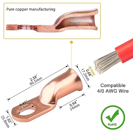 8pcs 4/0 Awg - 3/8" (M10) Sanuke Wire Lugs Ring Terminal Connectors Ends Heavy Duty for Battery Cable Lug Wire Electrical Eyelets with 3:1 Dual Wall Adhesive Heat Shrink