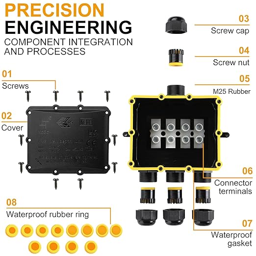 IP68 Waterproof Junction Box Outdoor,4-Way Electrical Splice Box Outdoor with 4 Cable M25 Gland Wire Connector Extension Electrical Cable Protector for Diameter Cable Ø4-14mm Black