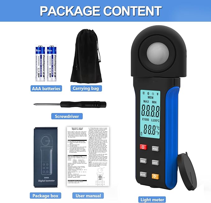 HoldPeak Illuminance Light Meter with Bluetooth, Digital Lux Foot Candles Meter 0.1~400,000 Lux with 270º Rotating Sensor, Lumen Meter Luxmeter for Plants, Car Headlights, Home & Office LEDs