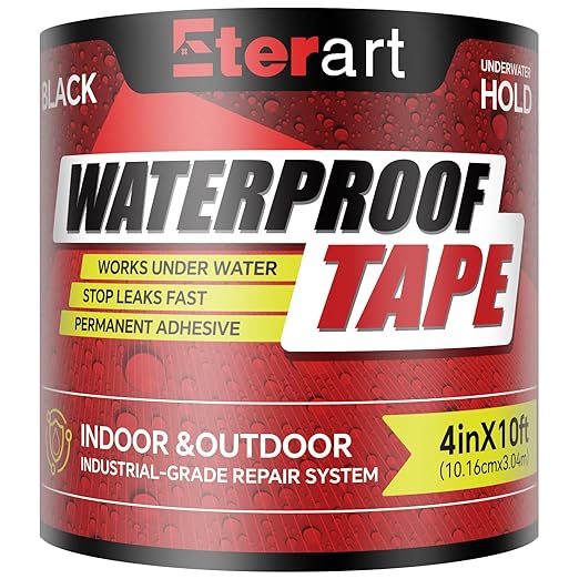 Waterproof Tape 4 Inch x 10 FT, Seal Tape Black - Heavy Duty Leak Repair for Roof, Pipe, Boat, Hose & Outdoor Emergency Fix - Permanent Weather Resistant Seal