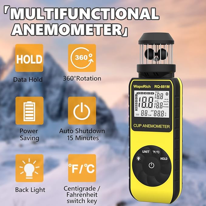 Handheld Anemometer Update Wind Meter with 360° Rotation Any Wind Direction for Measuring Wind Speed, Temperature with LCD Backlight for Shooting, Drone Flying- RQ-881M
