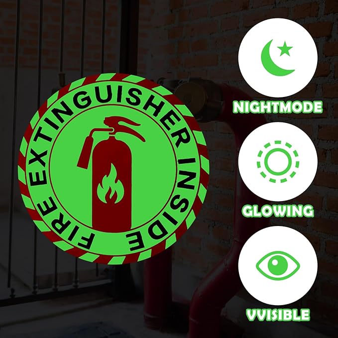 4 Pcs Fire Extinguisher Inside Sticker 2.76 x 2.76 Glow in the Dark Fire Extinguisher Sign Label Self Adhesive Waterproof Sticker for Indoor Outdoor Business Office Warehouse