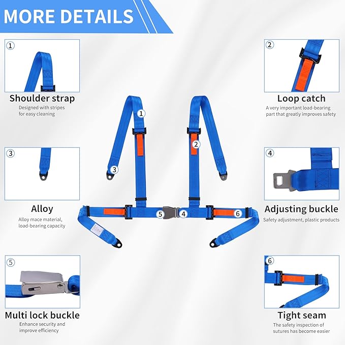Yakitoko 1Pcs Universal 4 point Safety Harness Set 2inch Fits Go Kart,UTV,ATV,Racing Blue