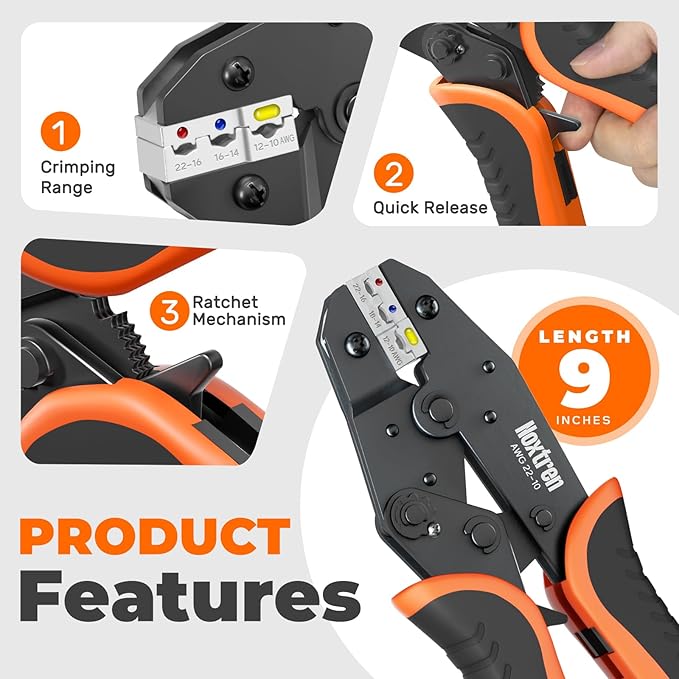 Crimping Tool for Insulated Electrical Wire Connectors - AWG 22-10 Ratcheting Wire Crimper Tool - Ratchet Wire Terminal Crimping Pliers - Wire Crimping Tool for Insulated Connectors