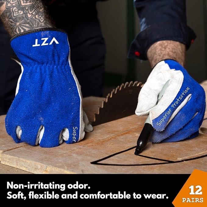 12 Pairs Bulk Leather Work Gloves for Men or Women for Construction, Wood cutting, Driving, Water Resistant, Keep warm, Soft, Cowhide, Class 4 Abrasion Resistant, Blue-White, XXL