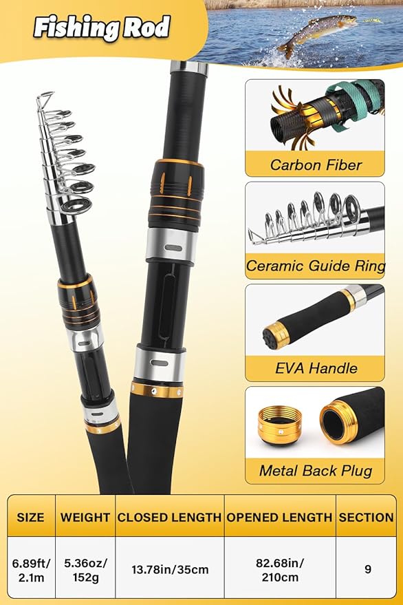 Fishing Pole Combo Set, 6.89ft Fishing Rod and Reel Combo, Carbon Fiber Telescopic Fishing Rod Kit with Spinning Reel, Fishing Pliers, Lip Gripper, Line, Lures for Beginner Angler