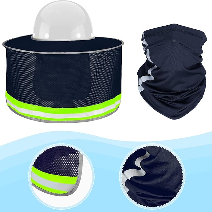 SATINIOR 3 Pcs Sun Hard Hat Neck Protection High Visibility Full Brim Mesh Sun Protection Bandana Headband Arm Sleeves with Reflective Strap for Construction Helmet Hard Hat(Navy Blue)