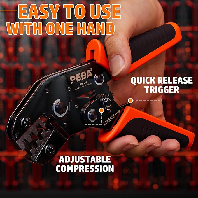 PEBA Open Barrel Crimping Tool Kit - 14 Sizes Quick Splice Male and Female Wire Spade Connectors & Piggy-back with Ratcheting Crimper AWG 24-14, for Electrical Wiring Car Audio Speaker Connectors