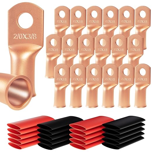 20pcs 2/0 Awg - 3/8" Sanuke Wire Lugs Ring Terminal Connectors Ends Heavy Duty for Battery Cable Lug Wire Electrical Eyelets with 3:1 Dual Wall Adhesive Heat Shrink