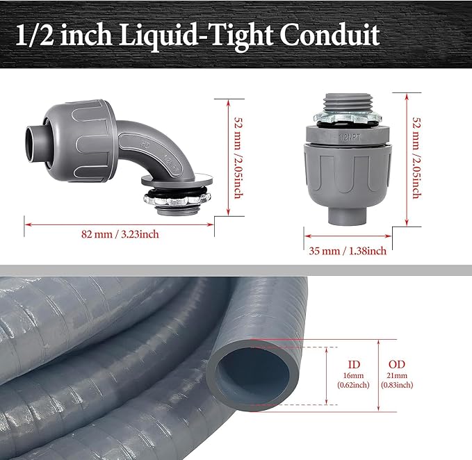 Liquid-Tight Conduit - 1/2inch 75 Foot Flexible Non Metallic Liquid Tight Electrical Conduit Kit, With 6 Straight and 5 90-Degree Conduit Connector Fittings.1/2" Dia