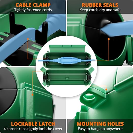 QUOBAS Outdoor Extension Cord Cover, Weatherproof Electrical Connection Box with Lockable Latches and Mounting Holes for Outdoor Sockets, Plugs, Outlets, Holiday Lighting, Power Tools, Green