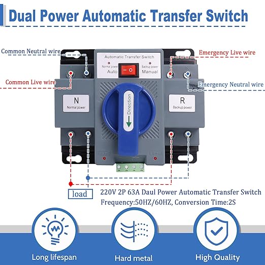 2P 63A 220V Automatic Transfer Switch, Dual Power Generator Changeover Switch 50HZ/60HZ