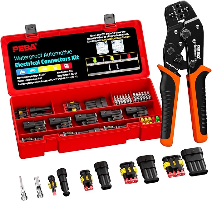 PEBA Crimping Tool and Waterproof Automotive Connectors Kit, 1/2/3/4-Pin Automotive Electrical Male/Female Connector Plug and Ratchet Crimper Tool AWG 22-14, for Cars, Motorcycles & Boats