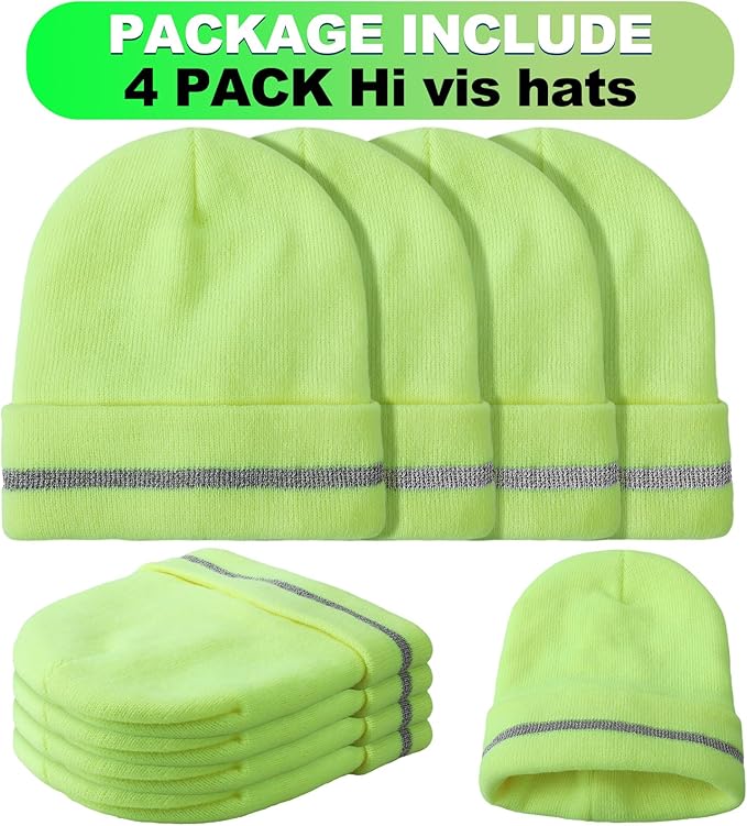 Suhine 4 Pack Men Hi Vis Winter Safety Hats Fleece Lined High Visibility Beanies with Reflective Stripes Hats for Outdoor