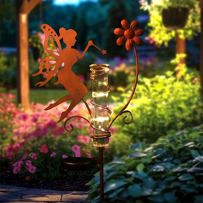 HONGLAND Rain Gauge Outdoor with Solar Lights - Metal Fairy Stakes & Replaceable Glass Tube - Garden Rain Gauge Decorations for Patio, Balcony, Yard, Lawn - Unique Holiday Gift Ideas