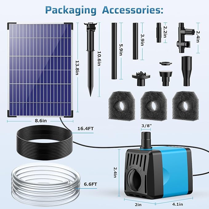 POPOSOAP 10W Solar Water Fountain Pump, Solar Powered Water Pump with 120GPH Fountain Pump, 4 Sprayers, 16.4ft Cable, 6.6ft Tubing for Outdoor Pond,Bird Bath,Fish Tank and Garden Water Features