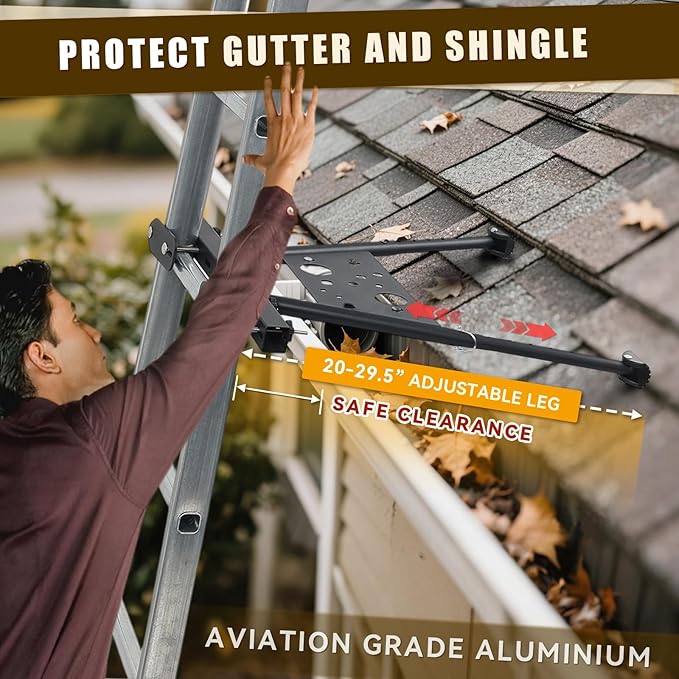 Ladder Stabilizer, Safe and Stable Ladder Standoff with Adjustable Length 20"-29.5", Extension Ladder Stabilizer for Roof Gutter Supports 300 LBS of Weight, Built-in Tool Tray, Anti-Slip Rubber Feet