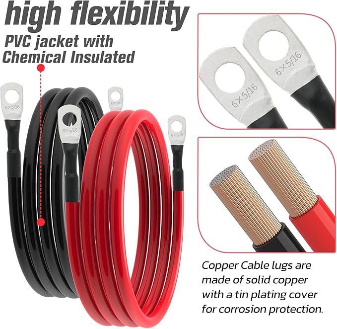 6 AWG Battery Cable 6AWG Gauge Battery Inverter Cables for Automotive Solar Marine Boat RV Car Motorcycle (6 AWG, 5FT, 5/16")
