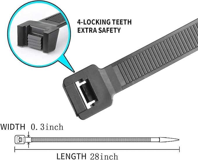 Heavy duty Zip ties 28inch Zip tie Large Cable Wire Ties With 120 Pounds Tensile Environmentally friendly Industrial quality Uses 4 latches for stronger locks,40 pack Black