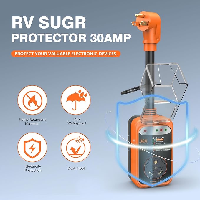 RV Surge Protector 30 Amp, 10000 Joules RV Circuit Analyzer with Waterproof Cover,RV Adapter Plug for Camper Travel Trailers (30 AMP)