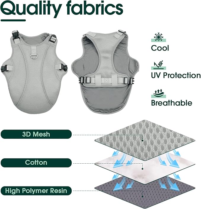 Kuoser Dog Cooling Vest for Large Dogs, Lightweight Dog Cooler Jacket Breathable Mesh Dog Cooling Shirts Reflective Dog Cooling Harness for Beach, Hiking, Walking Grey XL