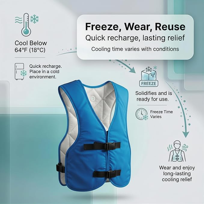 PCM Ice Vest for Men and Women - Adjustable Cooling Vest - Freezes in 30 Min - Special Phase Change Material (PCM) that Freezes Anywhere under 64Deg (Blue)