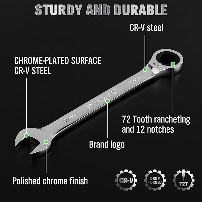 12-Piece Ratchet Wrench Set, Metric 6-18mm Ratchet Combination Wrenches Set, 12-Point 72-Tooth Ratcheting Spanners with Magnetic Base Organizer, Chrome Vanadium Steel for Automotive Mechanic Tool