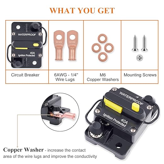 40 Amp Circuit Breaker with Manual Reset, DC 12V - 48V Circuit Protector for Marine Trolling Motor Car Amplifier RV Solar Truck ATV Inverter, Waterproof Surface-Mount Inline Fuse Holder