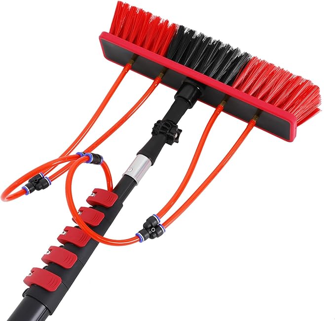 23.62FT Long Reach Solar Panel Cleaning Brush Kit, Water Fed Pole Cleaning Kit, Pole Extendable Cleaner Tool for Roof Window Cleaning, 65.62Ft Water Pipe, 13.78in 180° Adjustable Brush Head